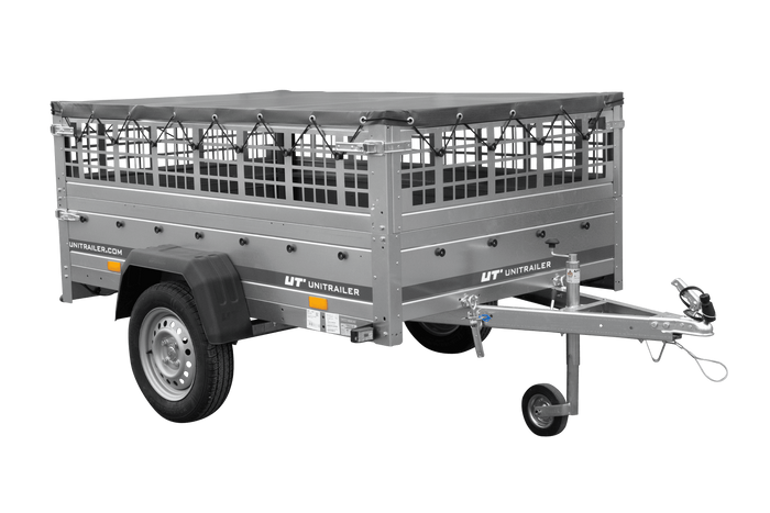 PKW-Anhänger 200x125 UNITRAILER GARDEN 201 KIPP mit Gitteraufsatz und grauer Flachplane