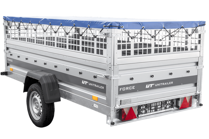 Einachsanhänger 264x125 UNITRAILER FORCE 264 KIPP mit Gitterwänden, H-0-Rahmen und blauer Plane
