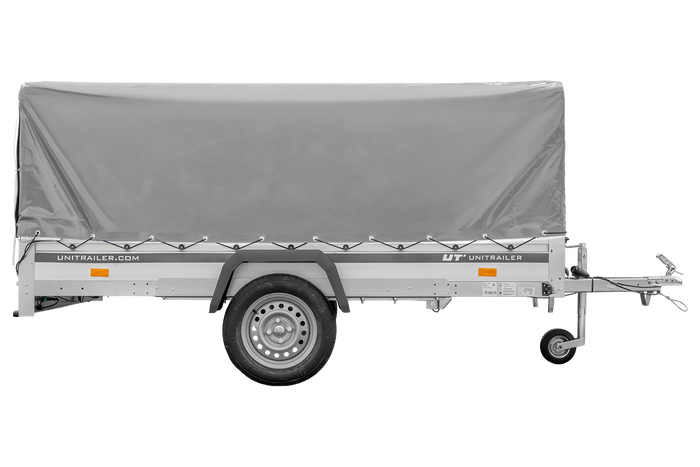 Einachsanhänger mit Aluminiumseitenwänden 264x150 Unitrailer Garden 265 KIPP ALU mit H-800 Rahmen und grauer Plane
