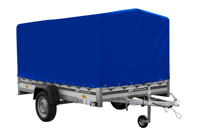 Autoanhänger mit Aluminiumseitenwänden 264x150 Unitrailer Garden 265 KIPP ALU mit H-1100 Rahmen und blauer Plane