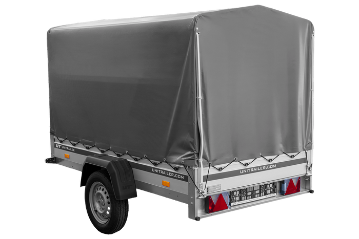 Autotransportanhänger mit Aluminiumwänden 230x125 Unitrailer Garden 230 KIPP ALU mit H1100-Rahmen und grauer Plane