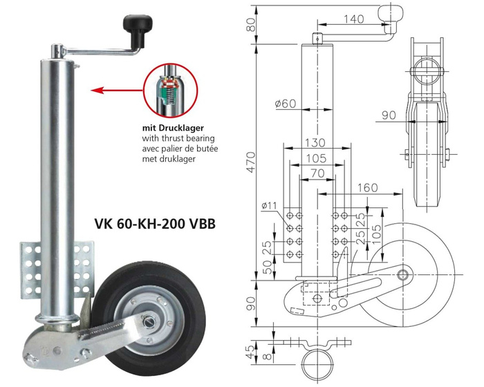 Stützrad für Pkw-Anhänger 250 kg VK 60-KH-200 VBB Winterhoff