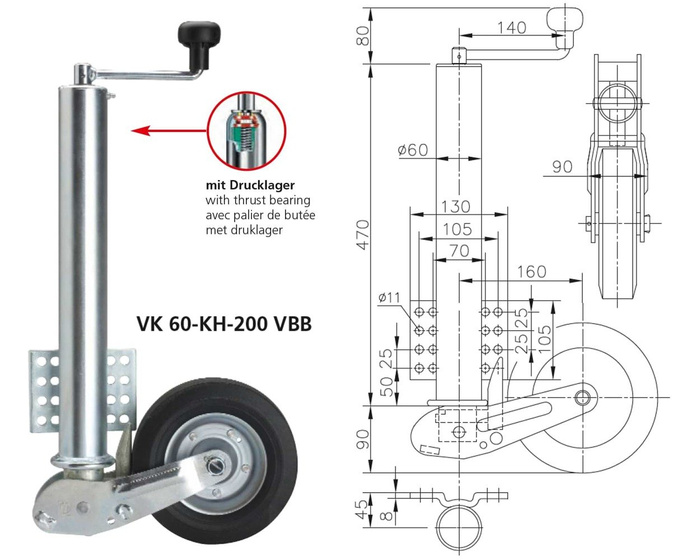WINTERHOFF VK60-KH-200VBB automatisches Stützrad mit Griff 250 kg 60 mm