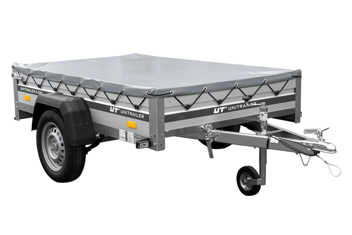 Einachsiger Anhänger auf Blattfedern mit Aluminiumseitenwänden 200x125 Unitrailer Garden 201/R KIPP ALU mit H-0-Rahmen und grauer Plane