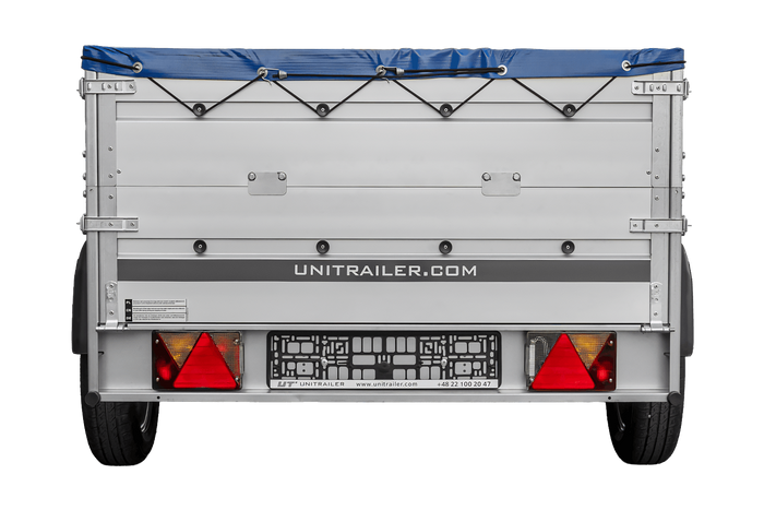 Autotransportanhänger mit Aluminiumwänden 200x125 Unitrailer Garden 201 KIPP ALU mit BIS-Seitenwänden, H-0-Rahmen und blauer Plane