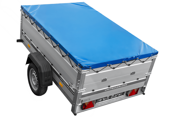 Autotransportanhänger mit Aluminiumwänden 200x125 Unitrailer Garden 201 KIPP ALU mit BIS-Seitenwänden, H-0-Rahmen und blauer Plane