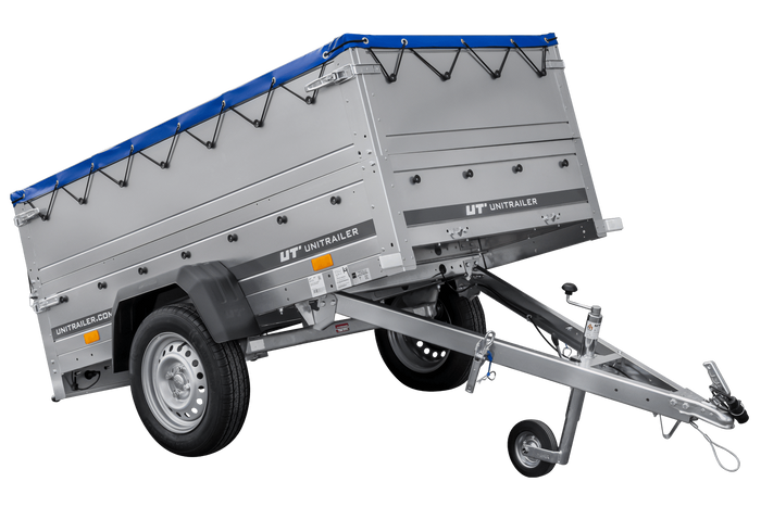 Gartenanhänger 200 Kipp mit Stützrad, zwei Seitenwänden, H-0-Rahmen und blauer Plane