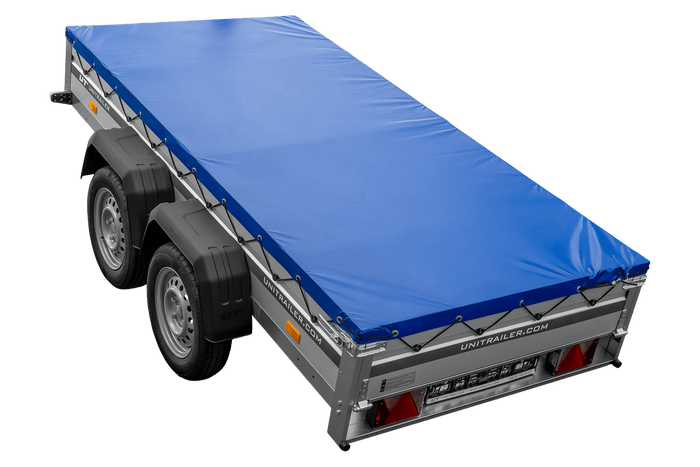 Zweiachsiger Anhänger mit Aluminiumseitenwänden 264x125 Unitrailer Garden 264/2 KIPP ALU mit H-0-Rahmen und blauer Plane