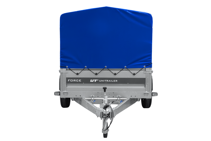 Einachsiger Anhänger mit Blattfedern 264x125 UNITRAILER FORCE 264/R KIPP mit H-800 Spriegel und blauer Plane