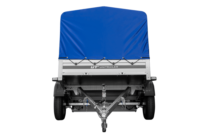 Autotransportanhänger auf Federn mit Aluminiumseitenwänden 200x125 Unitrailer Garden 201/R KIPP ALU mit H-800 Rahmen und blauer Plane