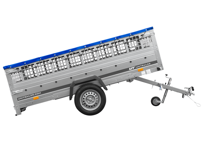 Anhänger 264x150 UNITRAILER GARDEN 265 KIPP mit Gitteraufsatz, Flachplanenträgern und blauer Plane