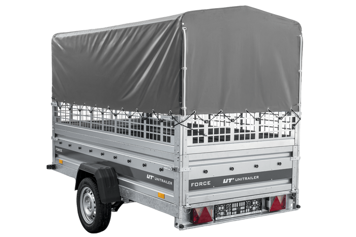 Autotransportanhänger auf Federn 264x125 UNITRAILER FORCE 264/R KIPP mit Gitterwänden, H-800 Rahmen und grauer Plane