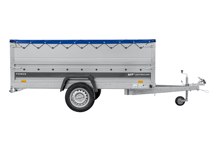 Leichter Anhänger 264x125 UNITRAILER FORCE 264 KIPP mit BIS-Seitenwänden, H-0-Rahmen und blauer Plane
