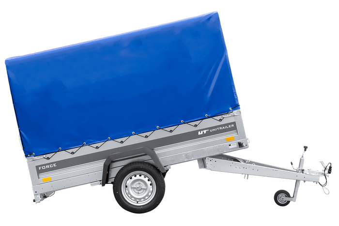 Autotransportanhänger auf Federn 230x125 UNITRAILER FORCE 230/R KIPP mit H-1100 Rahmen und blauer Plane