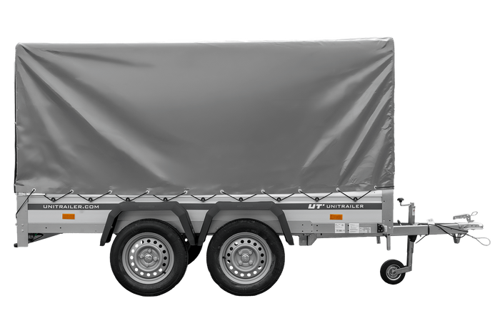 Zweiachsiger Anhänger mit Aluminiumseitenwänden 264x125 Unitrailer Garden 264/2 KIPP ALU mit Rahmen H-1100 und grauer Plane
