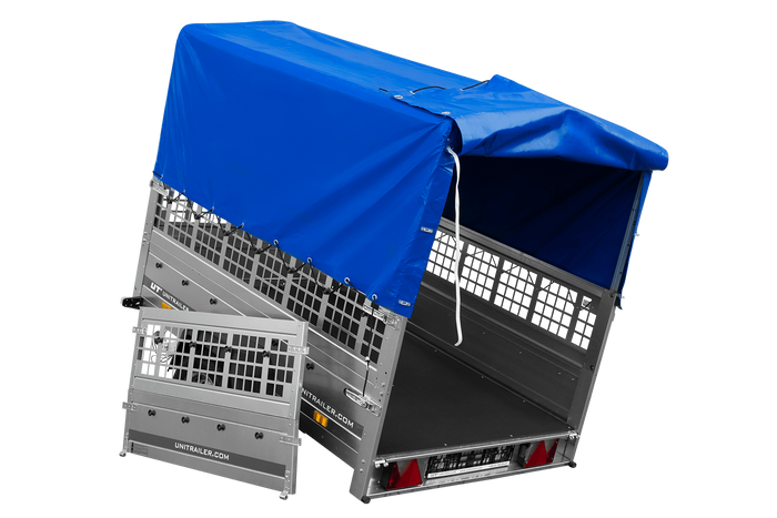 Einachsanhänger auf Federn 200x125 UNITRAILER GARDEN 201/R KIPP mit Gitterwänden, H-800-Rahmen und blauer Plane