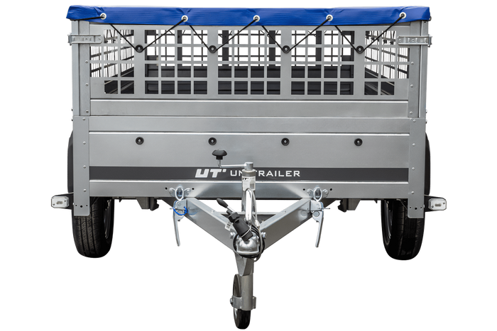 Pkw Transport Anhänger 230x125 Garden Trailer 230 KIPP mit Laubgitteraufsatz, blauer Flachplane und Stützrad