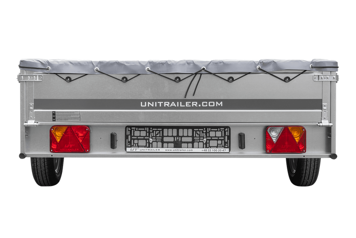Einachsiger Anhänger auf Blattfedern 264x150 UNITRAILER GARDEN 265/R KIPP mit H-0-Rahmen und grauer Plane