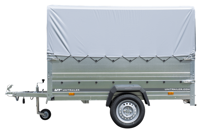 PKW-Anhänger 230x125 UNITRAILER GARDEN 230 KIPP mit Zusatzbordwändenund grauer Hochplane 80 cm