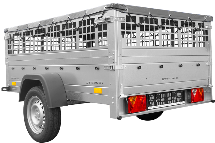PKW-Anhänger auf Federn 200x125 UNITRAILER GARDEN 201/R KIPP mit Gitterwänden, H-0-Rahmen und grauer Plane
