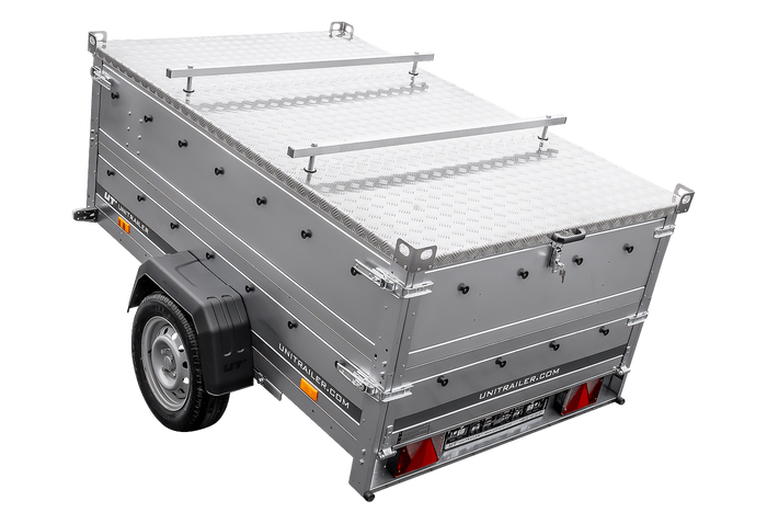 Einachsiger Anhänger auf Blattfedern 230x125 UNITRAILER GARDEN 230/R KIPP mit BIS-Seitenwänden und Aluminiumabdeckung