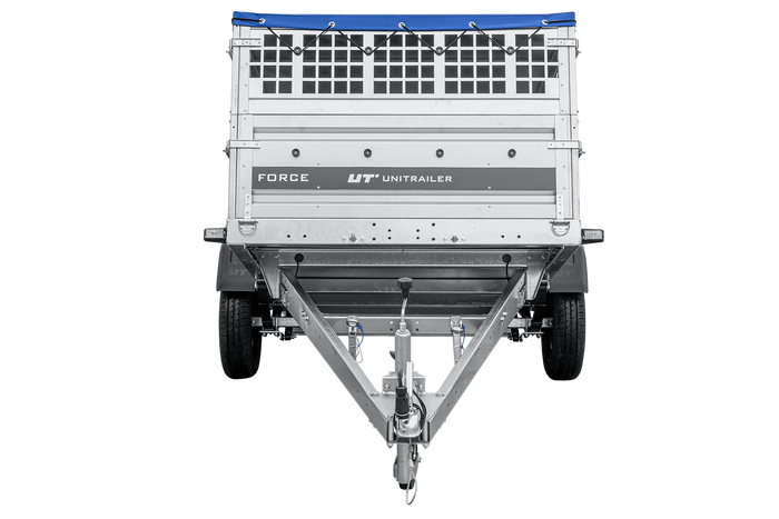 Leichter Anhänger auf Federn 230x125 UNITRAILER FORCE 230/R KIPP mit Gitterwänden, H-0-Rahmen und blauer Plane