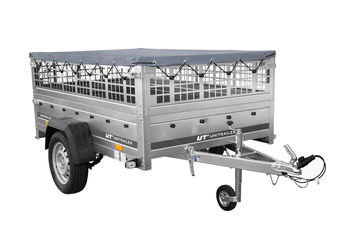 PKW-Anhänger auf Federn 200x125 UNITRAILER GARDEN 201/R KIPP mit Gitterwänden, H-0-Rahmen und grauer Plane