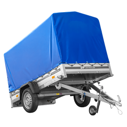 Autotransportanhänger mit ALU-Bordwänden 230x125 Unitrailer Garden 230 KIPP ALU mit H1100-Rahmen und blauer Plane