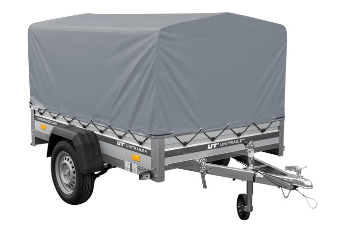 Autotransportanhänger auf Federn mit Aluminiumseitenwänden 200x125 Unitrailer Garden 201/R KIPP ALU mit H-800 Rahmen und grauer Plane