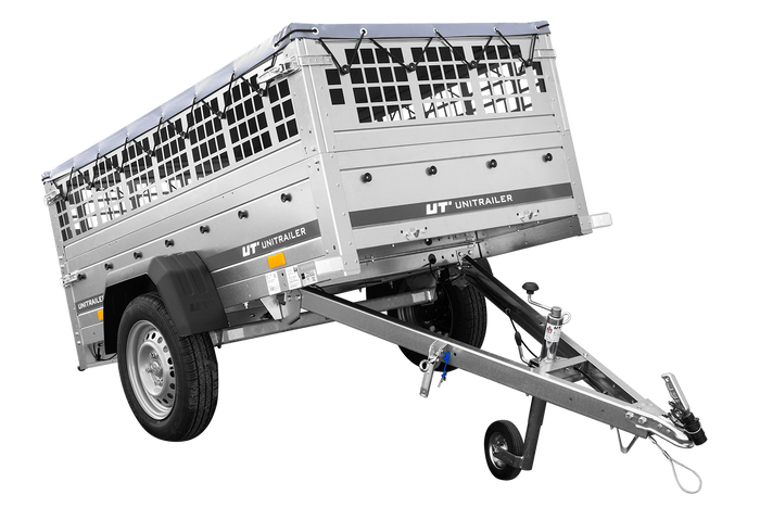 Einachsanhänger 200x106 UNITRAILER GARDEN 200 KIPP mit Seitenwänden aus Netzgewebe und grauer Plane