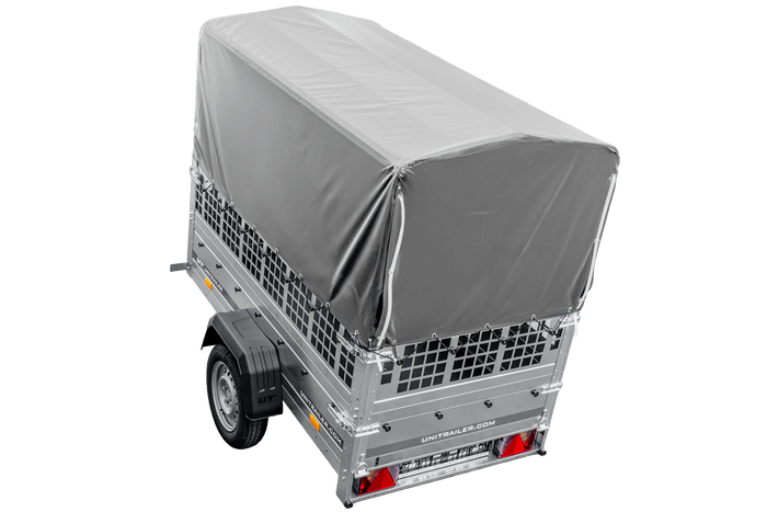 Autotransportanhänger 200x106 UNITRAILER GARDEN 200 KIPP mit Gitterwänden, H-800 Rahmen und grauer Plane