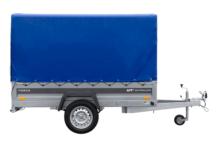 Autotransportanhänger auf Federn 230x125 UNITRAILER FORCE 230/R KIPP mit H-1100 Rahmen und blauer Plane