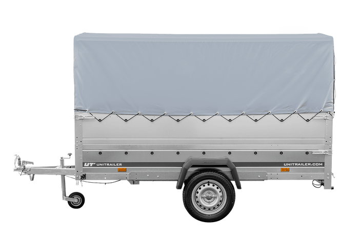 Leichtanhänger auf Federn 264x125 UNITRAILER GARDEN 264/R KIPP mit BIS-Seiten, H-800-Rahmen und grauer Plane
