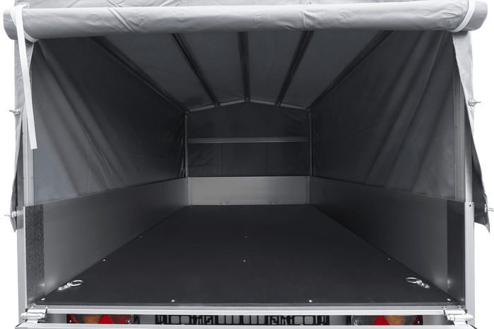 Einachsiger Anhänger auf Blattfedern mit Aluminiumseitenwänden 230x125 Unitrailer Garden 230/R KIPP ALU mit H-800 Rahmen und grauer Plane