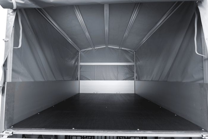 Einachsanhänger mit Aluminiumseitenwänden 200x125 Unitrailer Garden 201 KIPP ALU mit H-800 Rahmen und grauer Plane