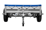 Einachsiger Anhänger auf Blattfedern mit Aluminiumseitenwänden 200x125 Unitrailer Garden 201/R KIPP ALU mit H-0-Rahmen und blauer Plane