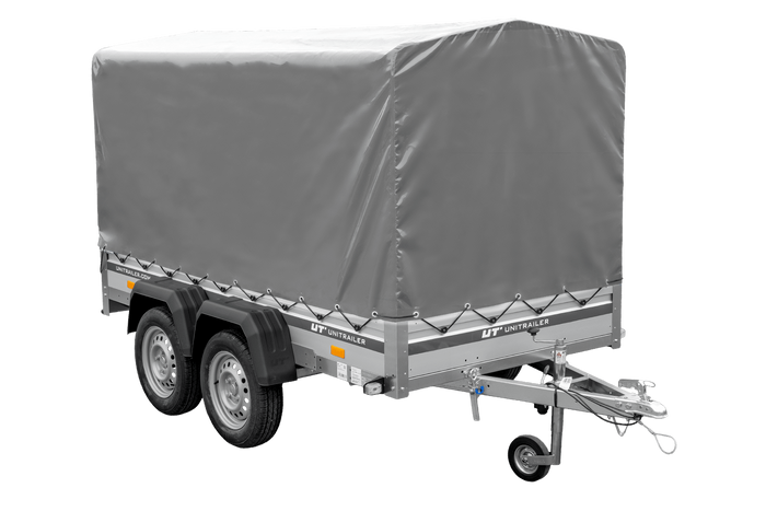 Zweiachsiger Anhänger mit Aluminiumseitenwänden 264x125 Unitrailer Garden 264/2 KIPP ALU mit Rahmen H-1100 und grauer Plane