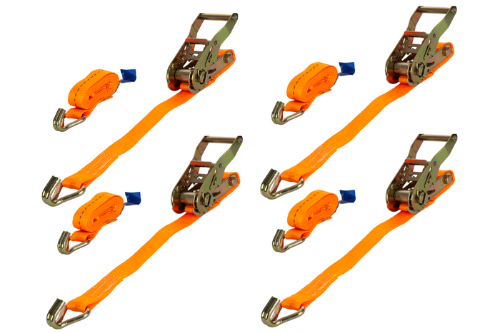 Satz aus vier orangefarbenen UNITRAILER 6m/25mm/1t Transportgurten mit Spannvorrichtung