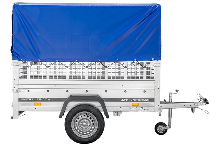 Leichter Anhänger 200x106 UNITRAILER GARDEN 200 KIPP mit Gitterwänden, H-800 Rahmen und blauer Plane