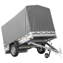 Autotransportanhänger mit ALU-Bordwänden 230x125 Unitrailer Garden 230 KIPP ALU mit H1100-Rahmen und grauer Plane