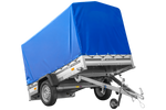 Autotransportanhänger mit Aluminiumwänden 230x125 Unitrailer Garden 230 KIPP ALU mit H1100-Rahmen und blauer Plane