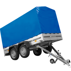 Przyczepka dwuosiowa 264x125 UNITRAILER GARDEN 264/2 KIPP ze stelażem H-1100 i plandeką niebieską