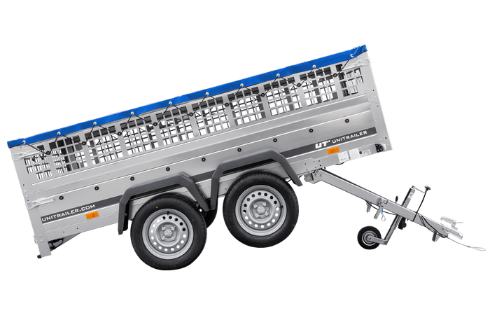 Leichter Anhänger 264x150 UNITRAILER GARDEN 265/2 KIPP mit Gitterwänden, H-0-Rahmen und blauer Plane