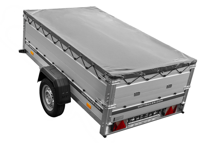 Einachsanhänger mit Aluminiumwänden 230x125 Unitrailer Garden 230 KIPP ALU mit BIS-Seitenwänden, H-0-Rahmen und grauer Plane