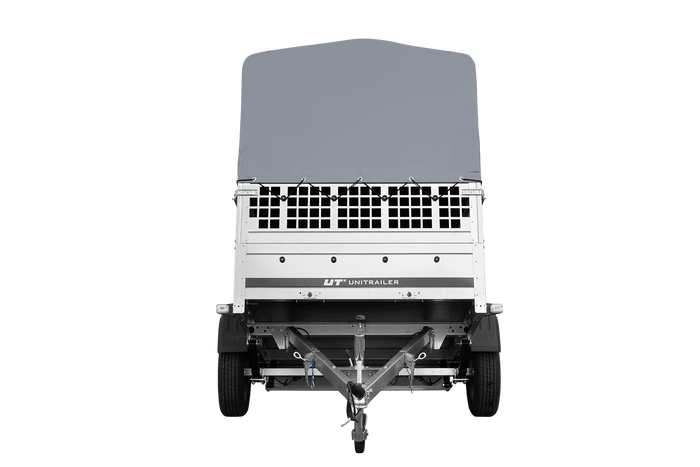 Einachsanhänger auf Federn 200x125 UNITRAILER GARDEN 201/R KIPP mit Gitterwänden, H-800-Rahmen und grauer Plane