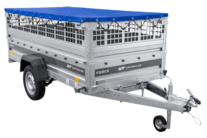 Einachsiger Anhänger auf Blattfedern 264x125 UNITRAILER FORCE 264/R KIPP mit Gitterseitenwänden, H-0-Rahmen und blauer Plane