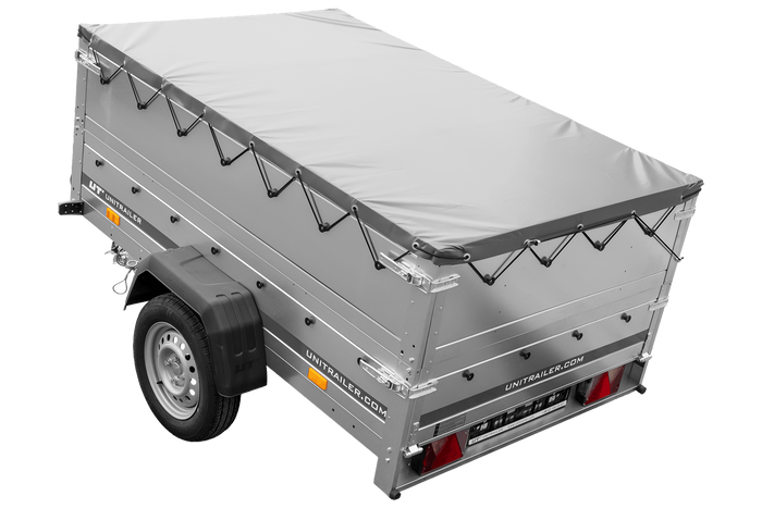 PKW-Anhänger 200x125 UNITRAILER GARDEN 201 KIPP mit Bordwandaufsatz, grauer Flachplane und Flachplanenträger