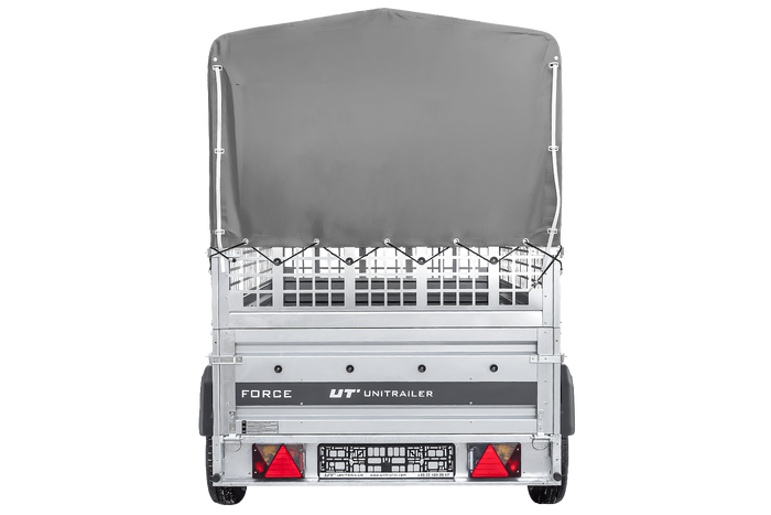 Einachsanhänger 230x125 UNITRAILER FORCE 230 KIPP mit Gitterseitenwänden, H-800 Rahmen und grauer Plane