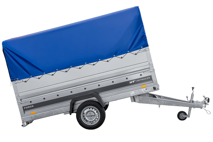 Leichter Anhänger auf Blattfedern 264x125 UNITRAILER FORCE 264/R KIPP mit BIS-Seitenwänden, H-800-Rahmen und blauer Plane