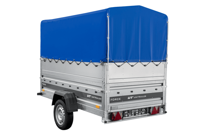 Autotransportanhänger 230x125 UNITRAILER FORCE 230 KIPP mit BIS-Seitenwänden, H-800-Rahmen und blauer Plane